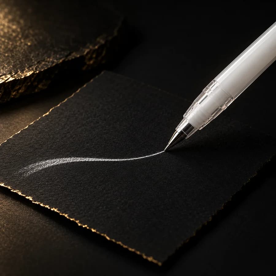 White gel pen adding a fine highlight to black drawing paper